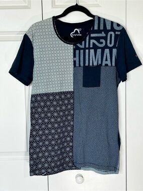 Being human Navy and Light Blue Patchwork Graphic Short Sleeve Tee